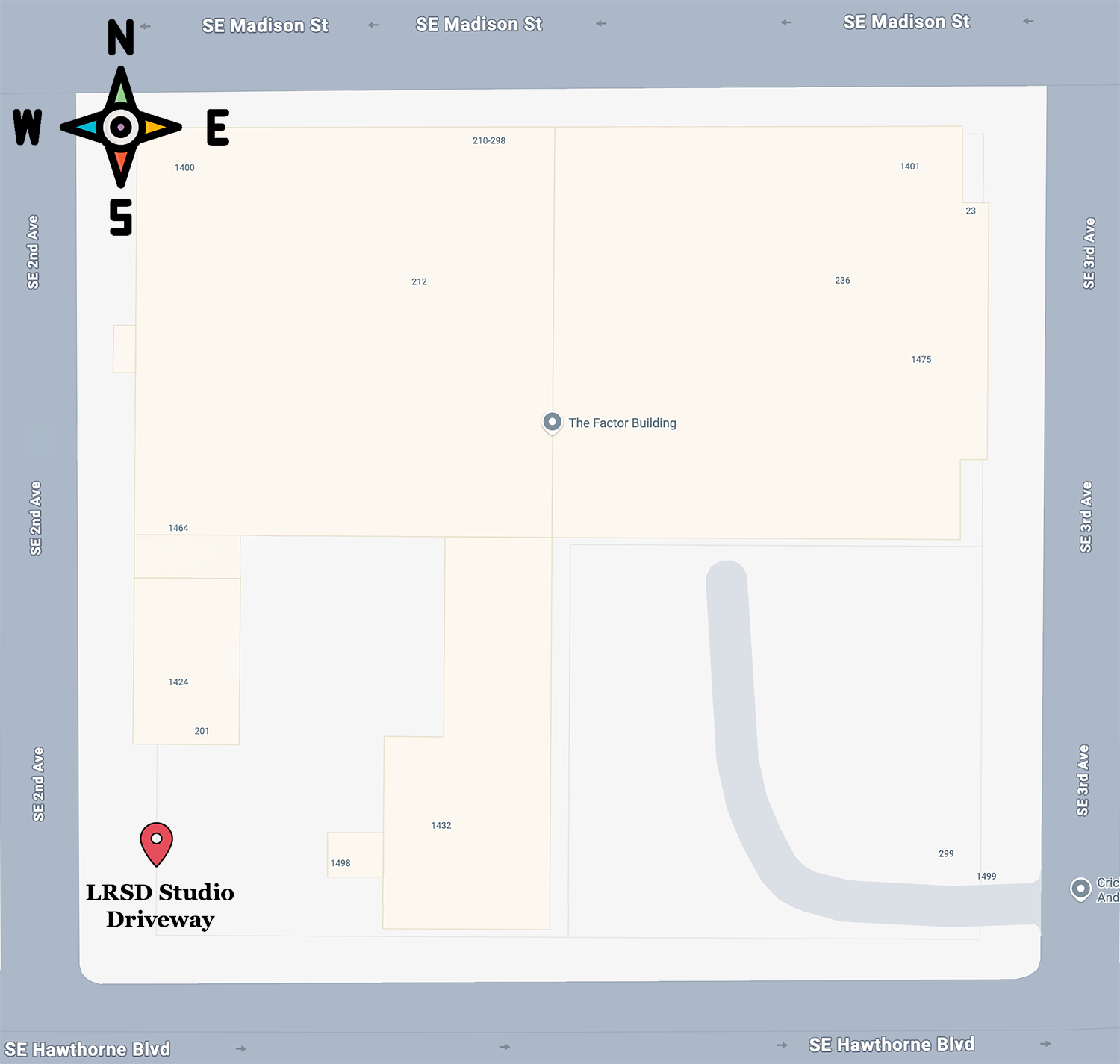 Map showing LRSD studio location at SE 2nd Ave & SE Hawthorne